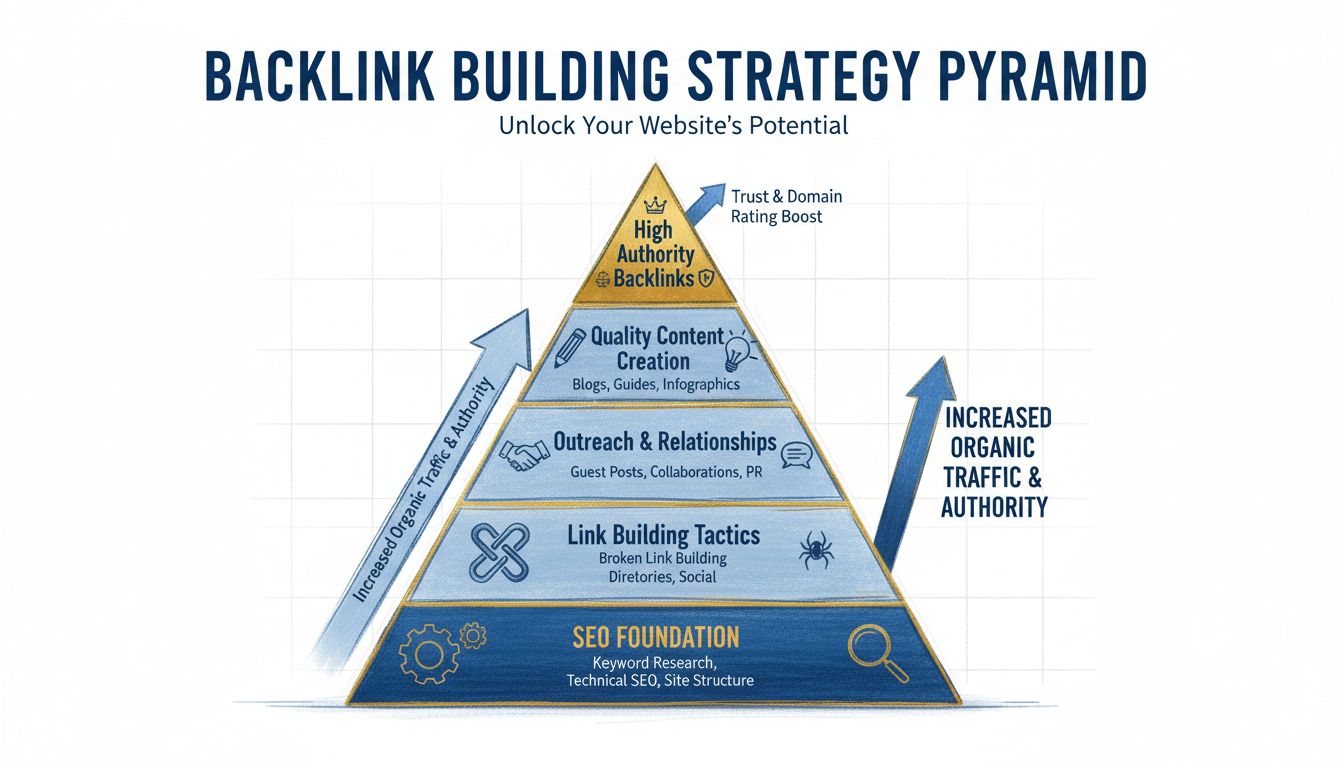 Pyramide de stratégie de création de backlinks illustrant cinq niveaux, de la base aux backlinks à forte autorité