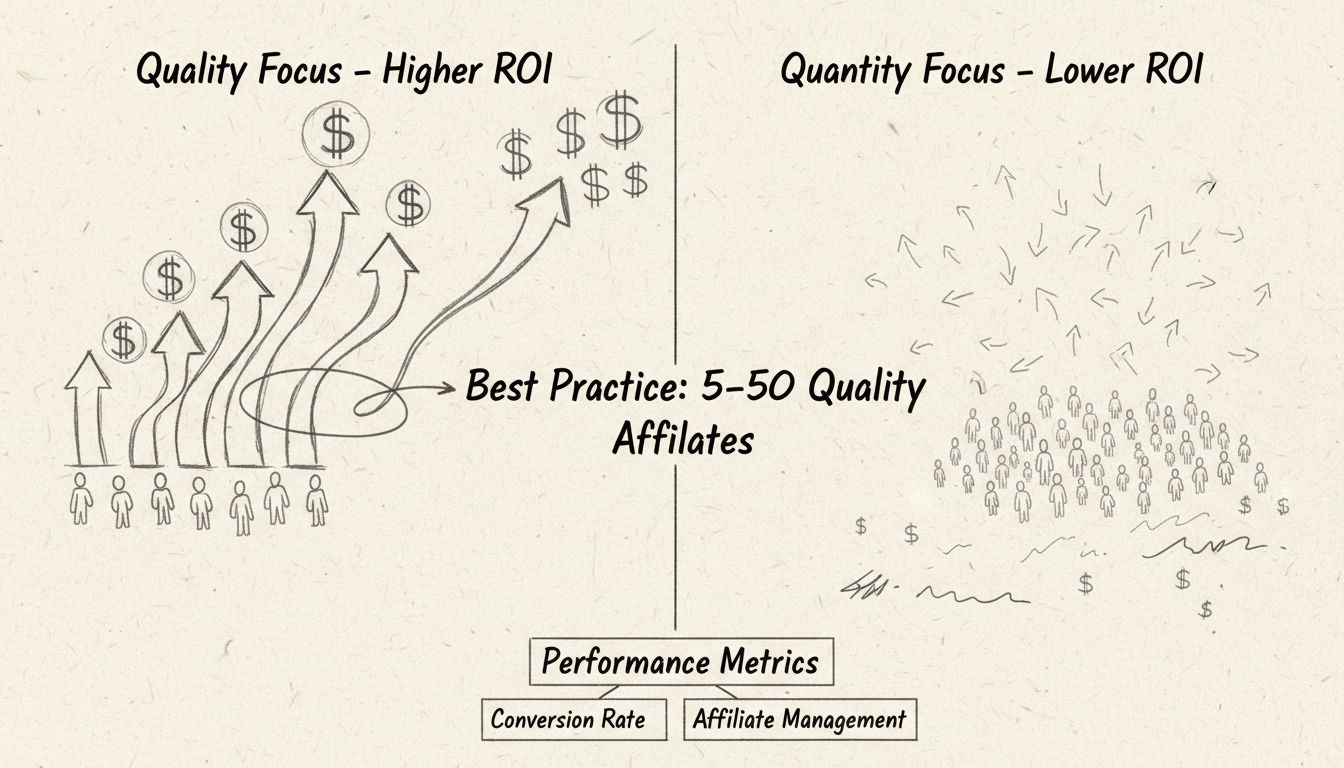 Diagramme comparant la qualité et la quantité, montrant 5 affiliés très performants générant un ROI plus élevé contre 50 affiliés peu performants avec des retours minimes