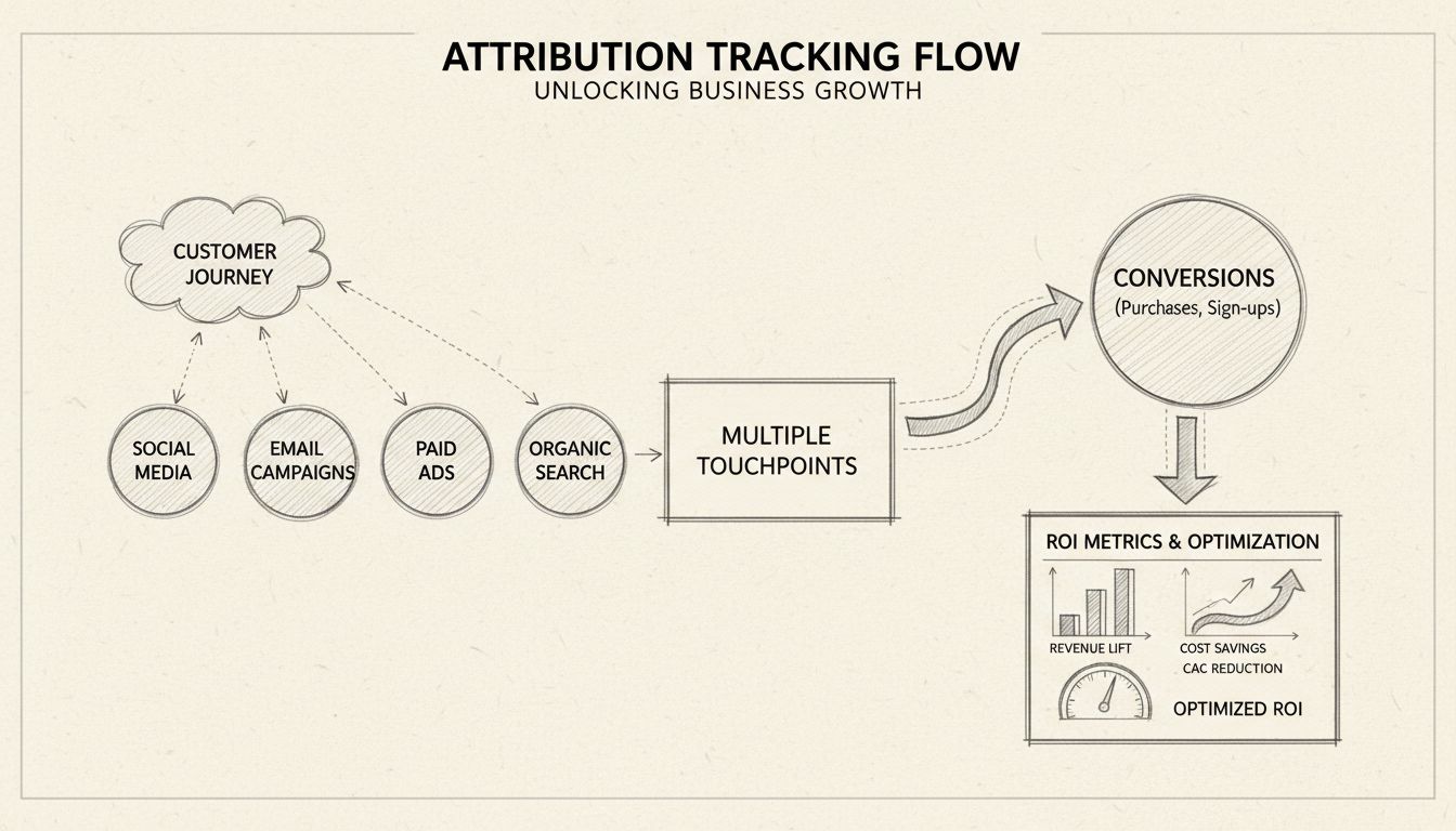Schéma du flux de suivi de l’attribution montrant le parcours client à travers plusieurs points de contact, notamment les réseaux sociaux, l’email, les publicités payantes et la recherche organique, menant aux conversions et aux indicateurs de ROI