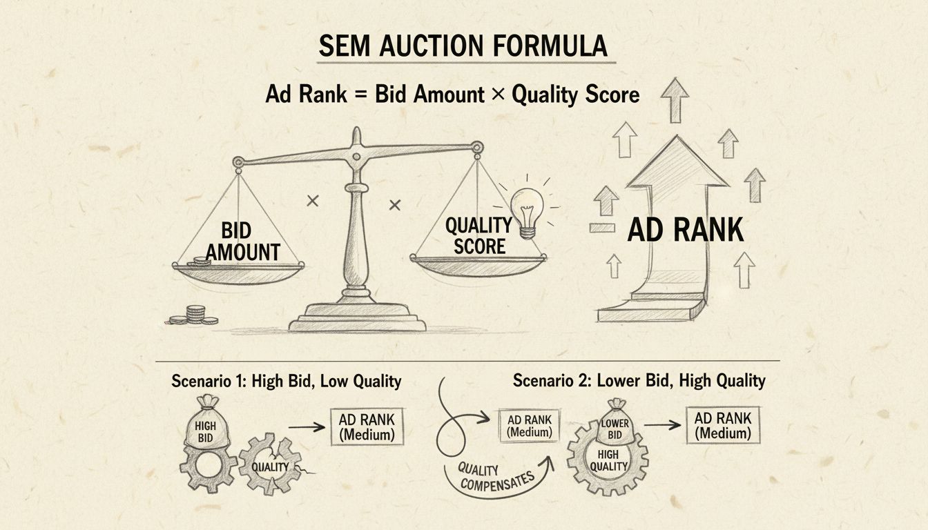 Diagramme de la formule d'enchère SEM montrant le classement des annonces égal au montant de l'enchère multiplié par le Quality Score avec une balance comparative