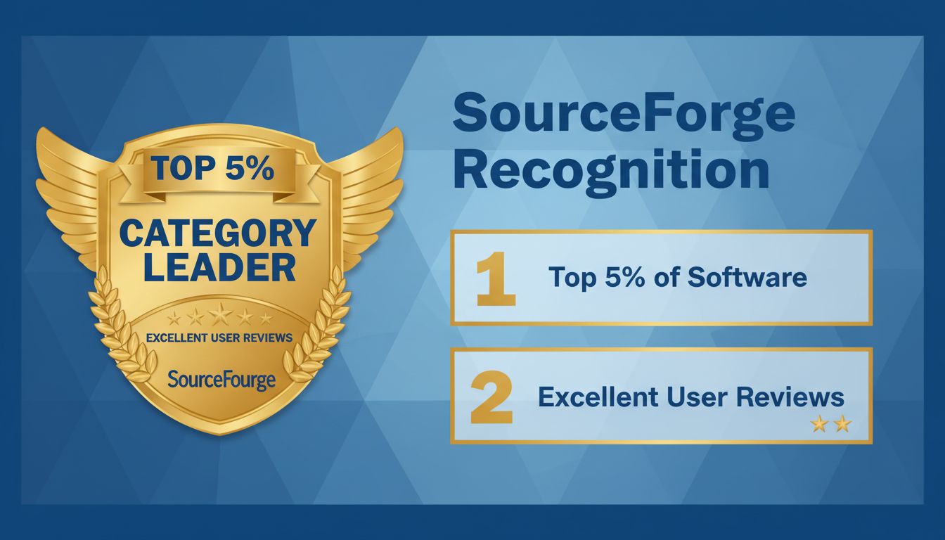 Badge du prix SourceForge Category Leader - Top 5% Reconnaissance pour d'excellents avis utilisateurs