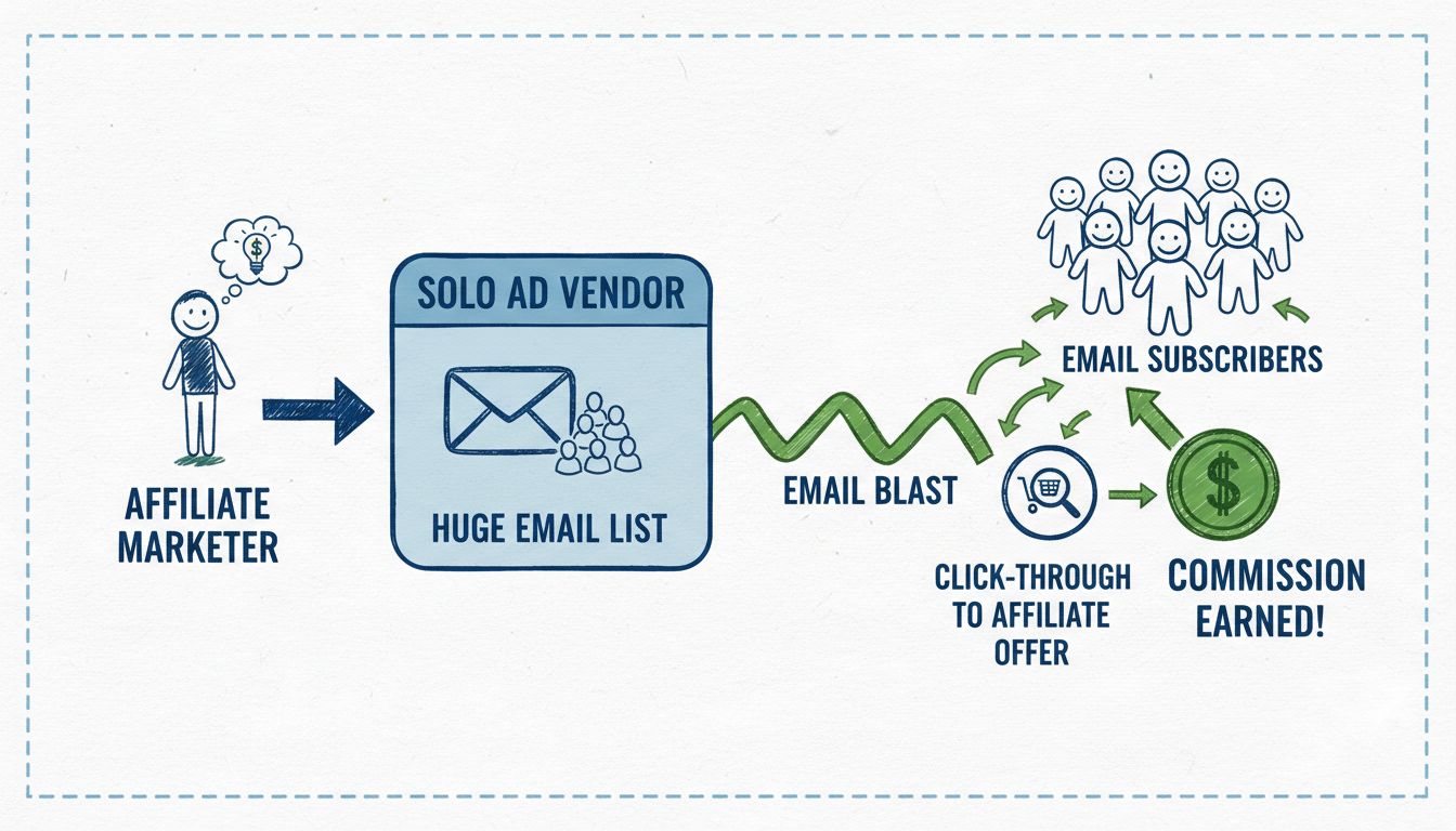 Schéma du processus solo ads montrant l’affilié, le vendeur, la liste email et le flux des commissions