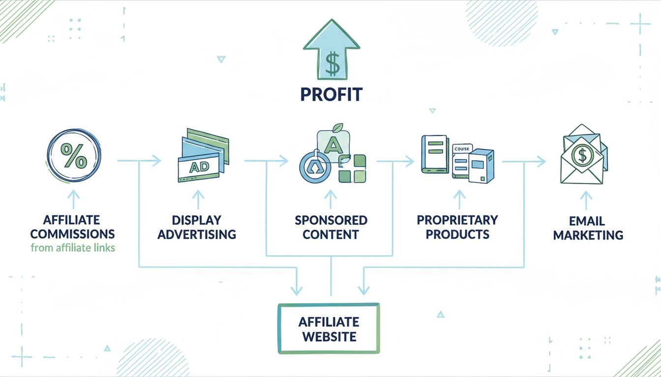 Infographie des sources de revenus d’un site d’affiliation montrant commission, publicité, contenu sponsorisé, produits propriétaires et email marketing