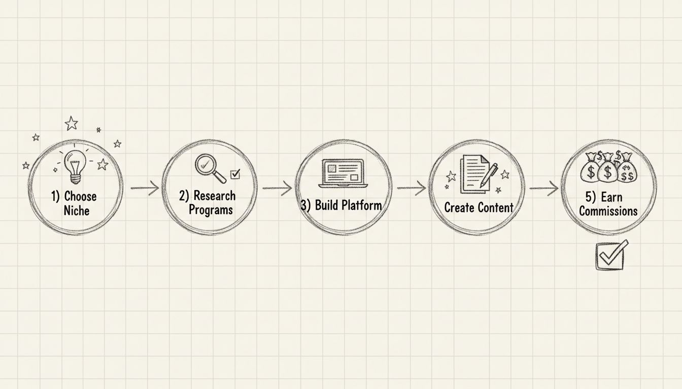 Schéma du parcours d’un affilié débutant montrant 5 étapes : Choisir la niche, Rechercher les programmes, Construire la plateforme, Créer du contenu et Gagner des commissions