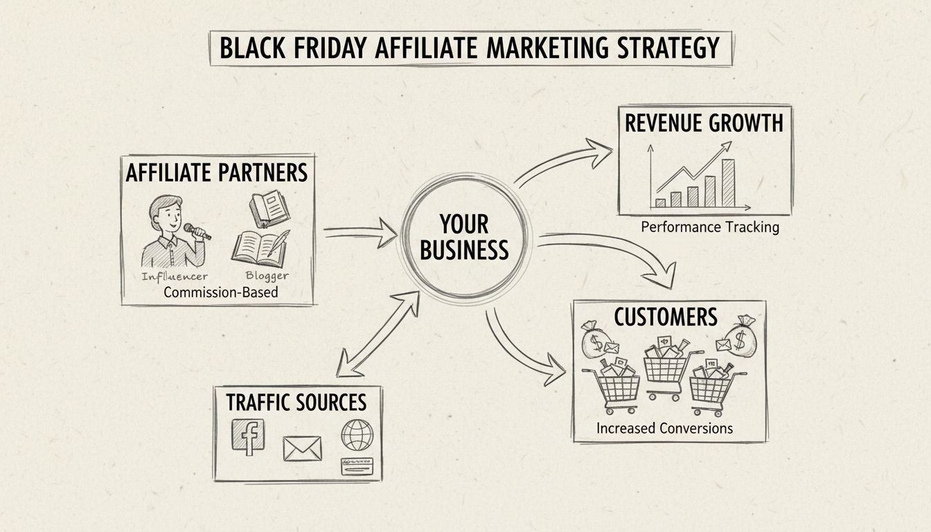 Diagramme dessiné à la main montrant une stratégie de marketing d'affiliation pour les ventes du Black Friday, avec un hub commercial connecté à des partenaires affiliés, sources de trafic, clients et croissance du chiffre d'affaires