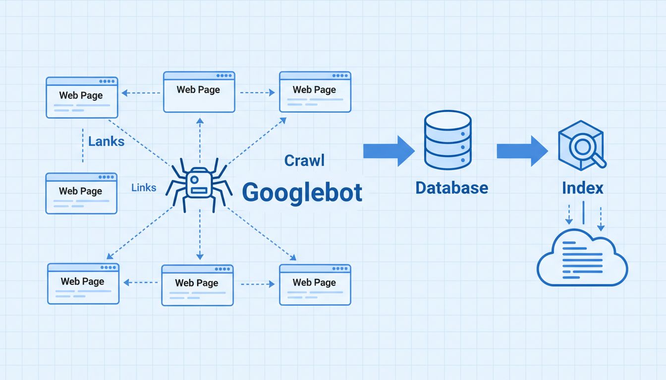 Schéma technique montrant Googlebot explorant des pages web interconnectées avec indexation en base de données et suivi de liens