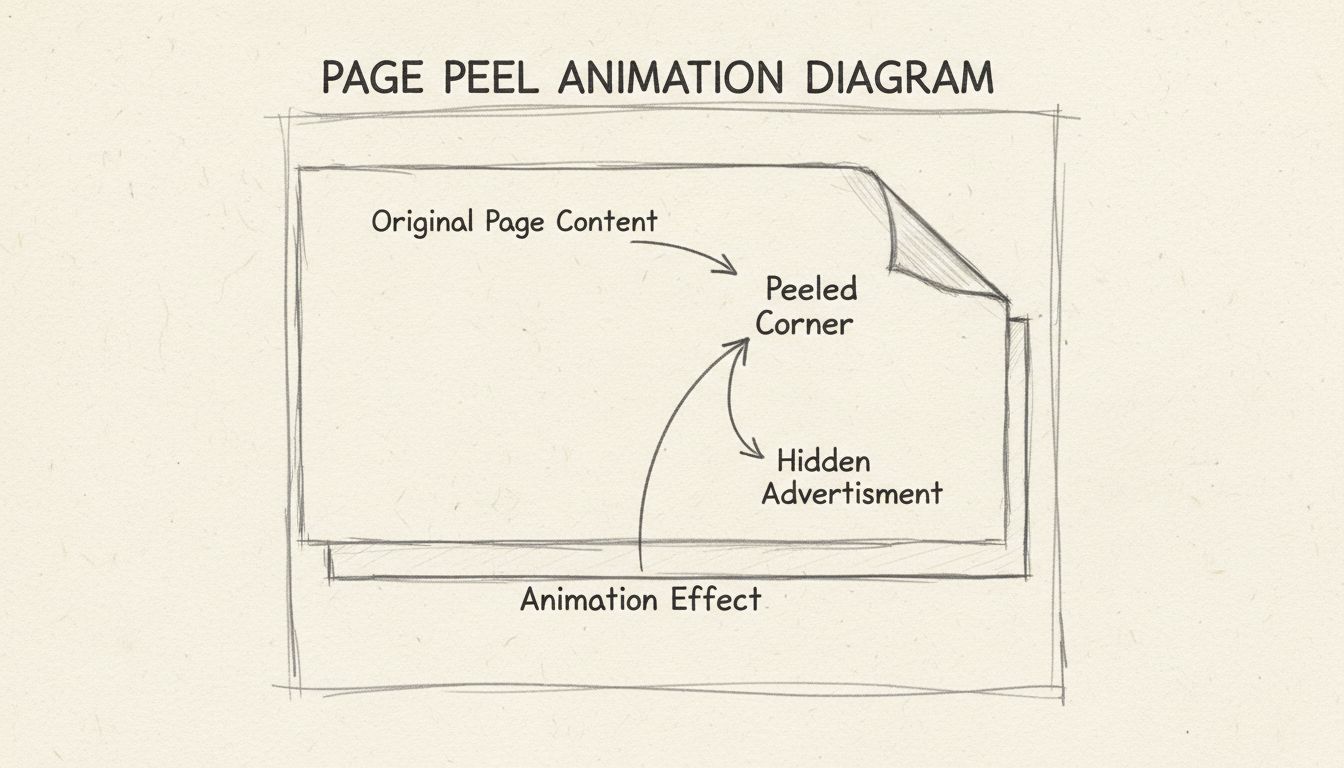 Schéma dessiné à la main montrant l'effet d’animation d’une bannière page peel avec des composants étiquetés incluant le contenu original de la page, le coin replié, la publicité cachée et l'effet d’animation