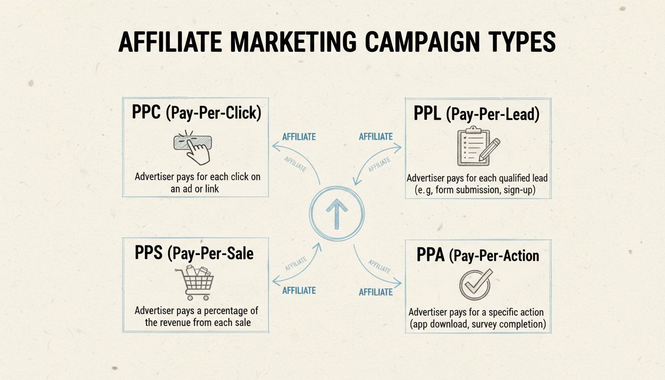 Diagramme montrant différents types de campagnes de marketing d'affiliation, y compris les modèles PPC, PPL, PPS et PPA