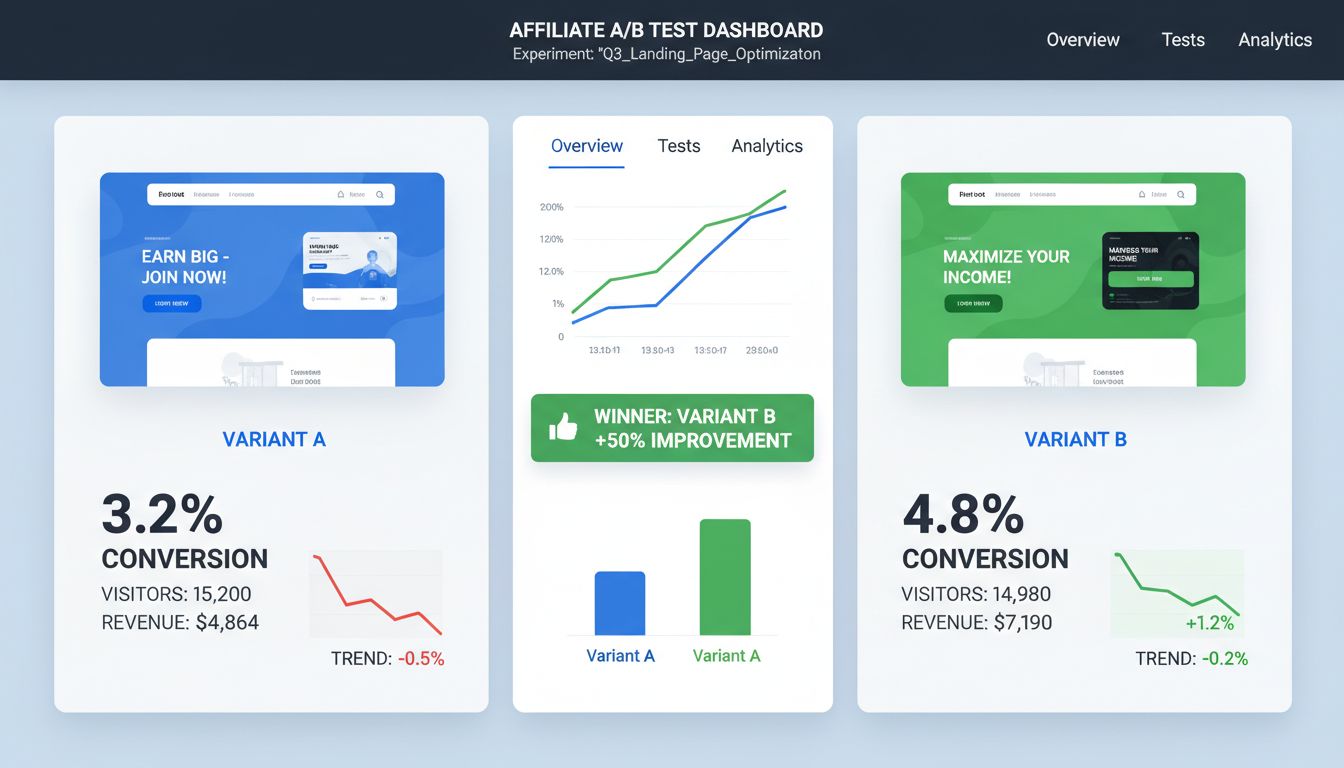 Tableau de bord de test A/B montrant les résultats de tests comparatifs avec taux de conversion et indicateurs de performance pour des campagnes d'affiliation