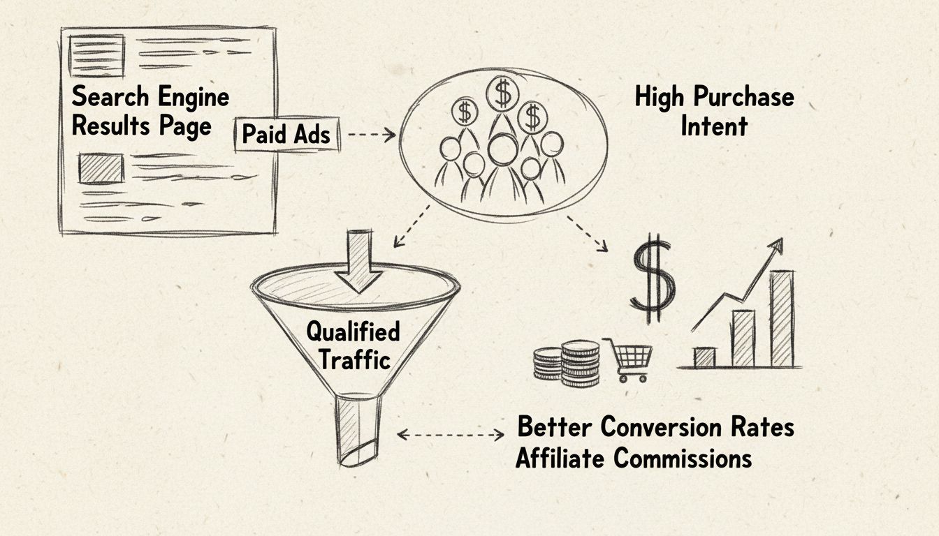 Schéma dessiné à la main illustrant les bénéfices du SEM pour les affiliés avec résultats de recherche, utilisateurs à forte intention d'achat, tunnel de conversion et commissions d'affiliation