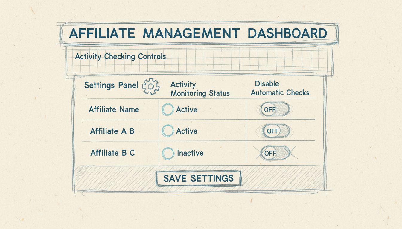 Tableau de bord de gestion des affiliés affichant les contrôles de vérification de l'activité avec des interrupteurs pour désactiver la surveillance automatique pour certains affiliés