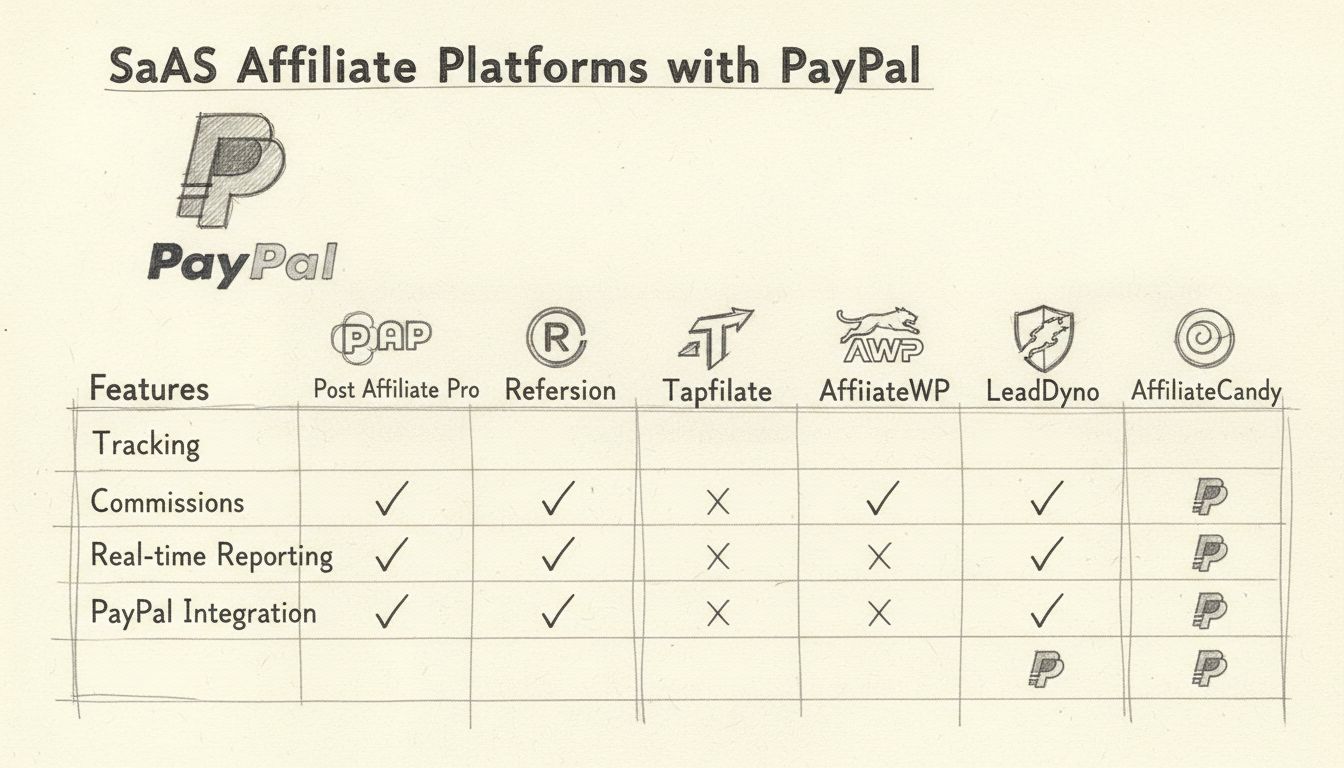 Diagramme comparatif de 6 plateformes d'affiliation SaaS avec intégration PayPal
