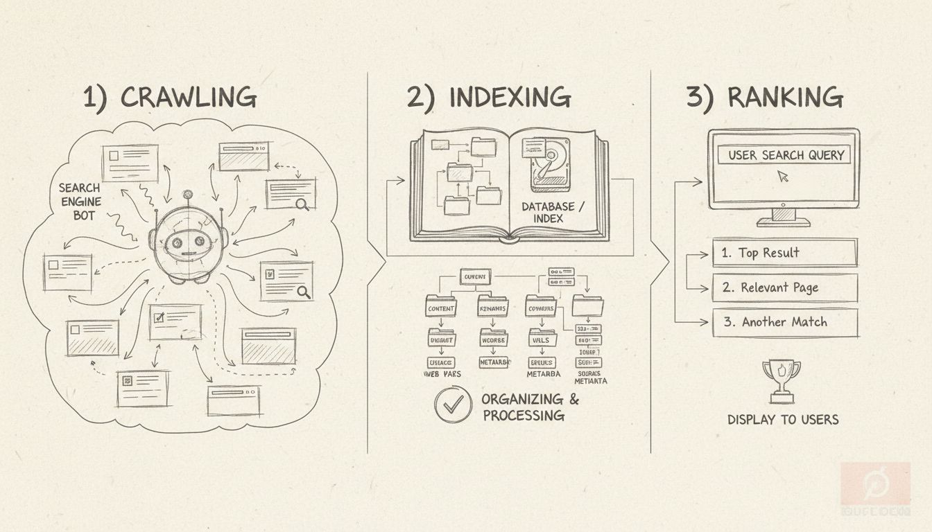 Diagramme du processus d’indexation SEO montrant les étapes de crawl, d’indexation et de classement