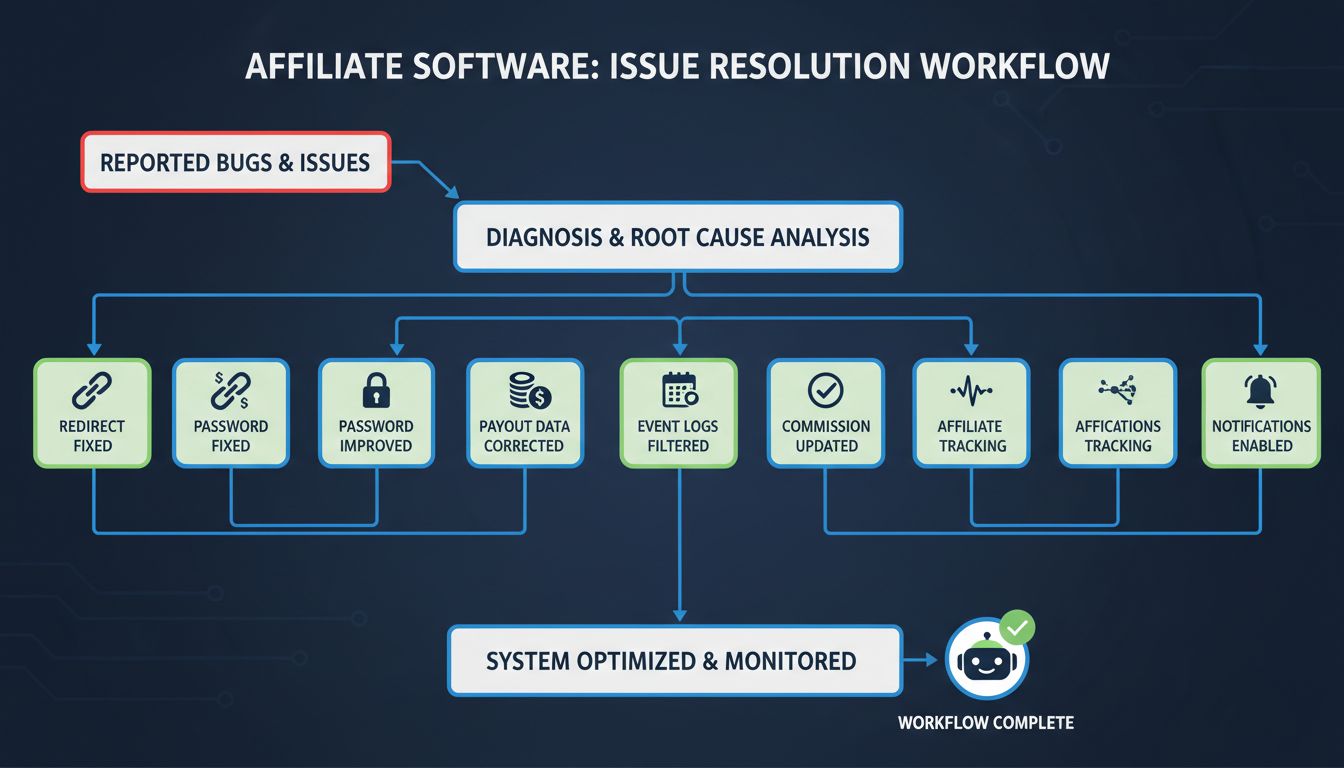 Schéma technique illustrant le flux de correction de bogues et résolution de problèmes dans le logiciel d'affiliation Post Affiliate Pro avec des icônes pour les liens de redirection, la sécurité des mots de passe, les données de paiement, les journaux d'événements, le statut des commissions, le suivi de l'activité des affiliés et les notifications de paiement
