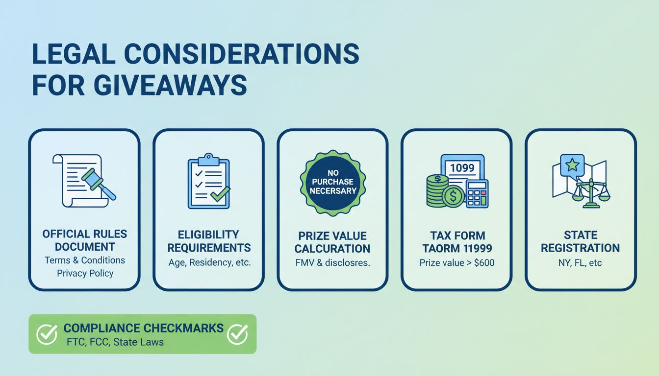 Infographie des considérations juridiques pour l’organisation de jeux-concours présentant les règles officielles, critères d’éligibilité, badge sans obligation d’achat, calcul de la valeur des lots, formulaires fiscaux et exigences d’enregistrement selon les États