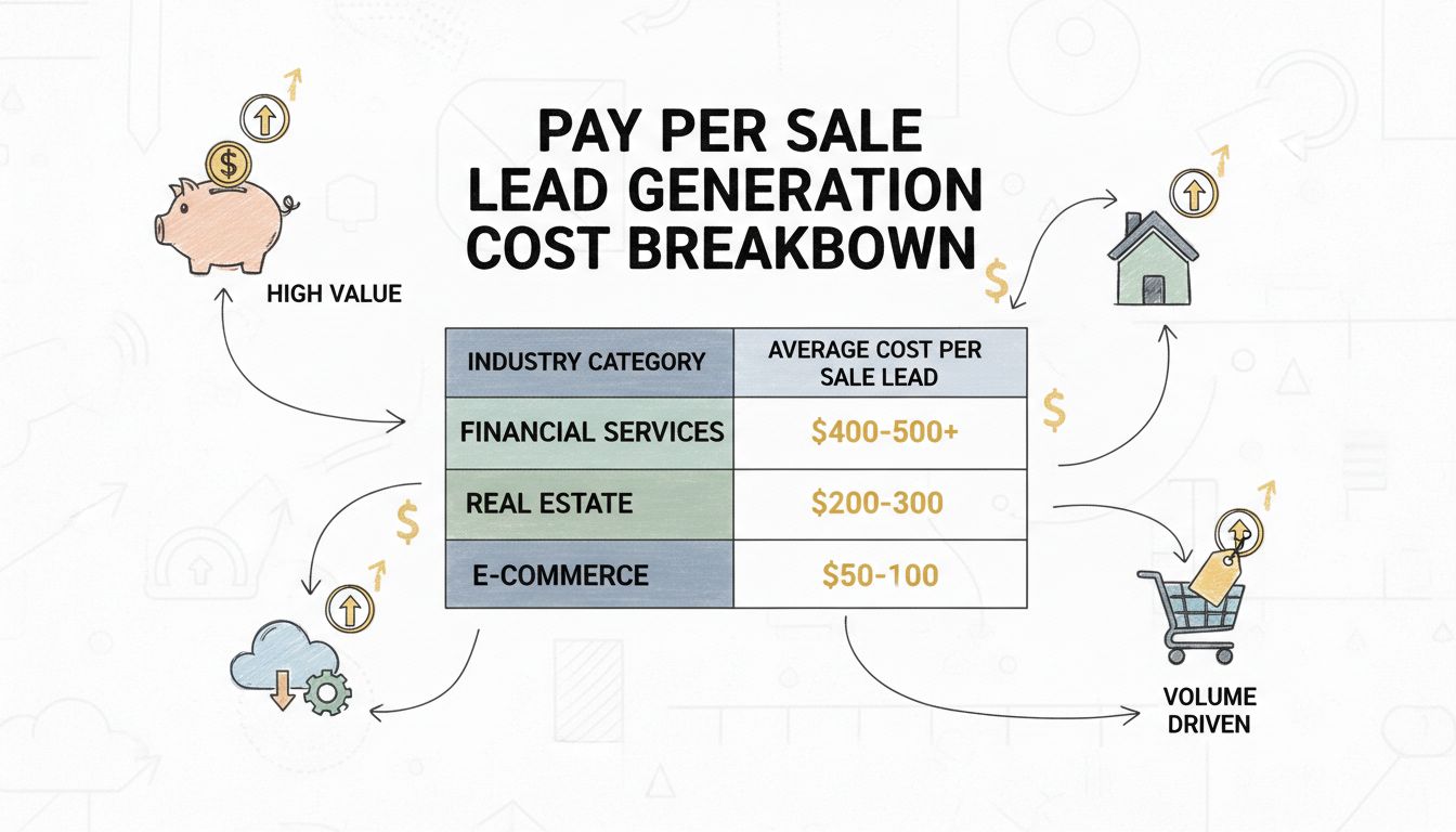 Répartition des coûts de génération de leads payée à la vente par secteur, montrant les fourchettes tarifaires pour les services financiers, l’immobilier, le SaaS B2B et l’e-commerce