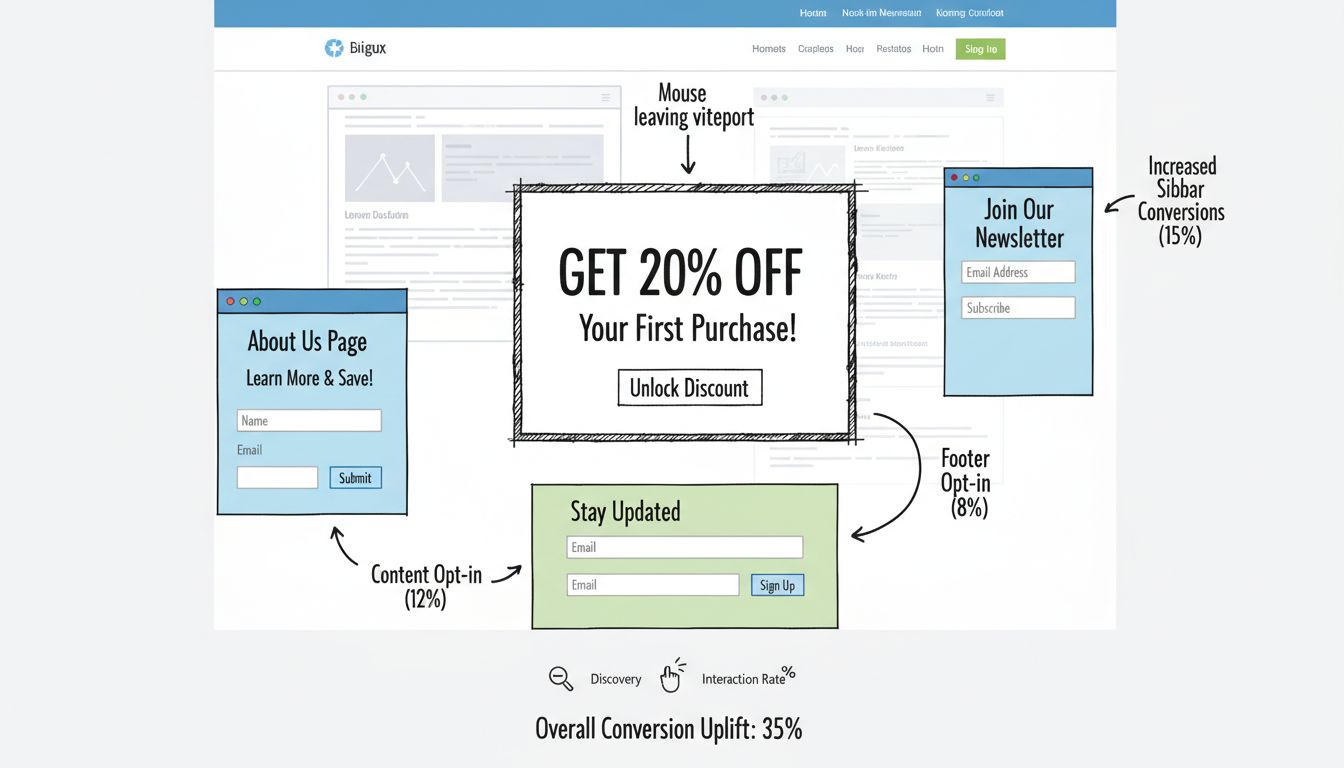 Stratégie de popups et formulaires d’inscription en marketing d’affiliation montrant un popup d’intention de sortie, un formulaire sticky en barre latérale, une capture email en pied de page et un formulaire sur la page À propos avec des métriques de conversion
