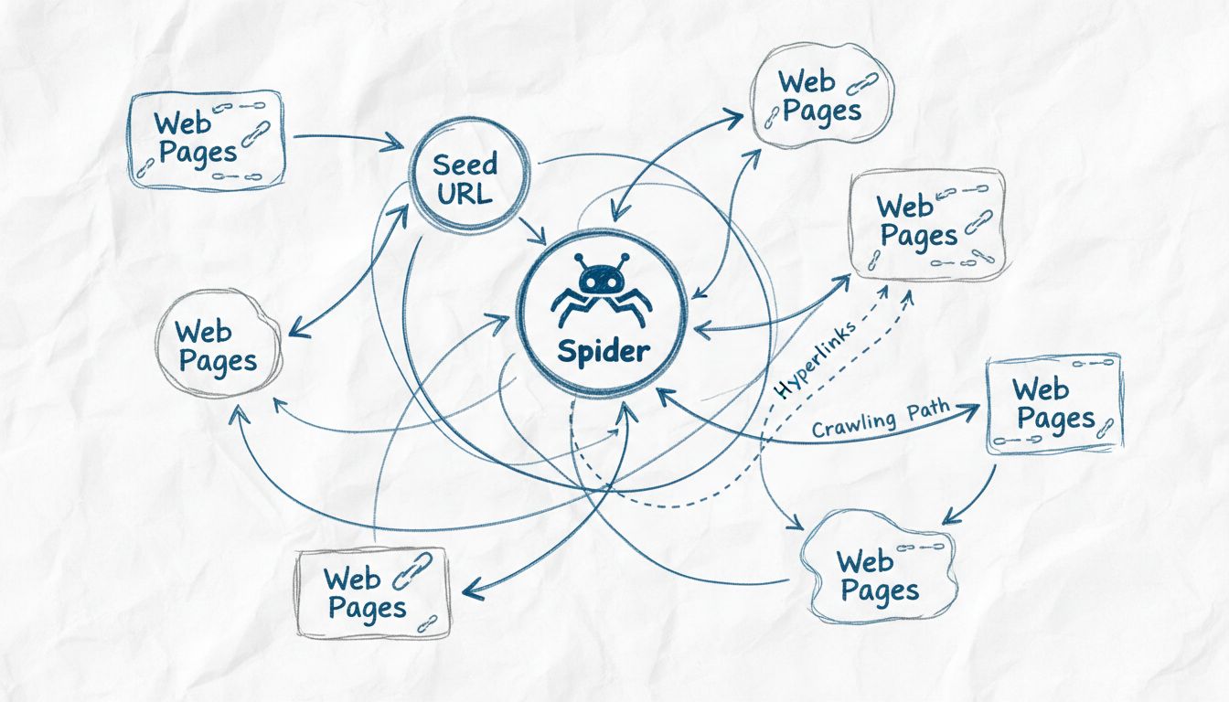 Diagramme technique montrant comment les araignées web explorent les pages interconnectées en suivant les liens depuis l’URL de départ