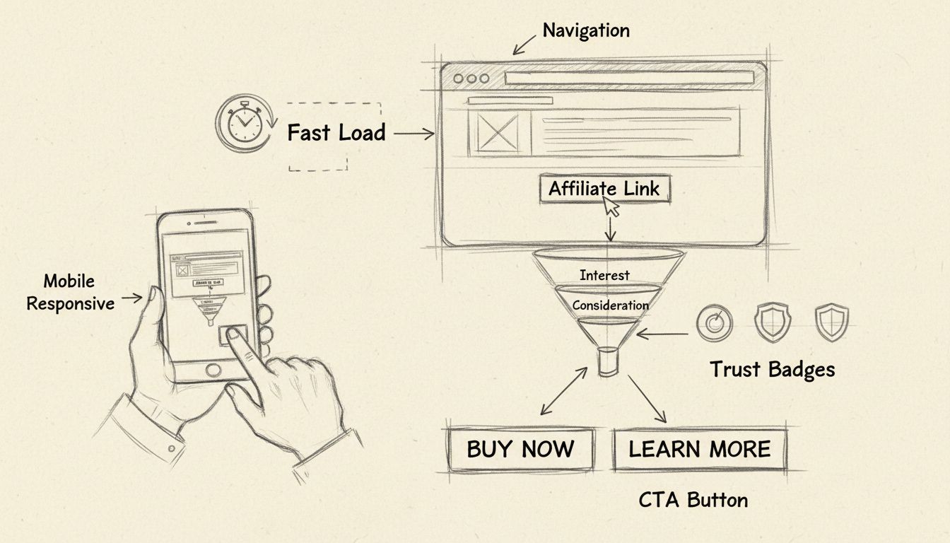Éléments de design UX pour le marketing d’affiliation comprenant la navigation, la réactivité mobile, le chargement rapide, les badges de confiance et l’optimisation des conversions