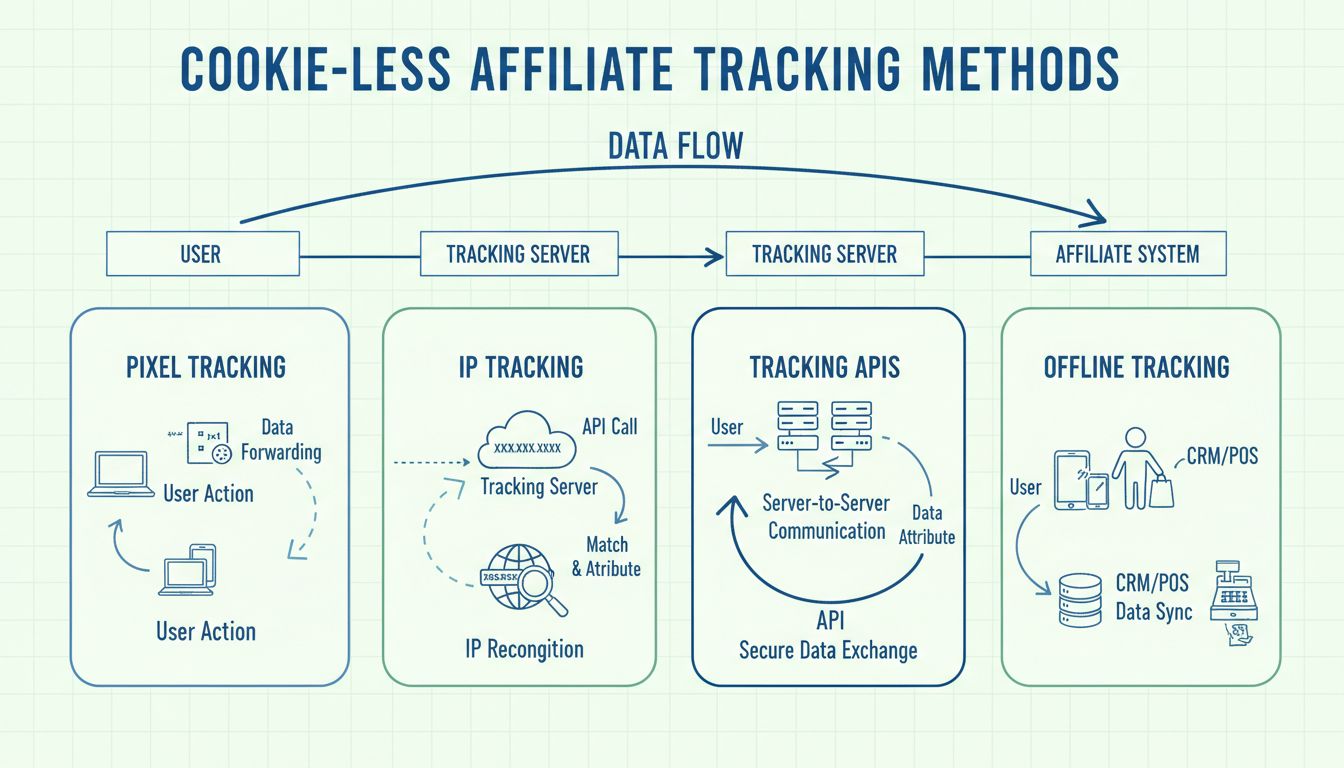 Infographie sur les méthodes de suivi sans cookies présentant le tracking pixel, le suivi IP, les API et le suivi hors ligne