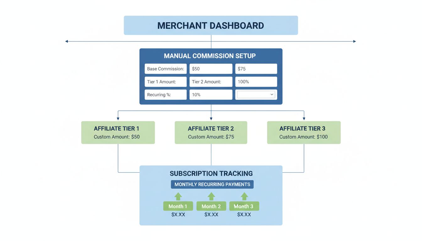 Schéma du flux de personnalisation des commissions récurrentes illustrant le tableau de bord marchand, la configuration manuelle des commissions, les niveaux d'affiliés avec différents montants et le suivi des abonnements