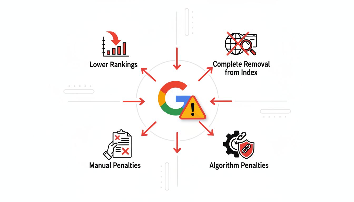 Infographie illustrant les pénalités SEO et risques : chute de classement, désindexation, pénalités manuelles et algorithmiques