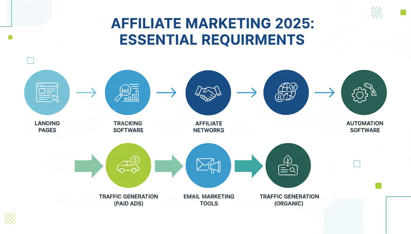 Exigences essentielles pour démarrer le marketing d'affiliation, incluant pages d'atterrissage, logiciel de suivi, réseaux d'affiliation, génération de trafic, email marketing et outils d'automatisation