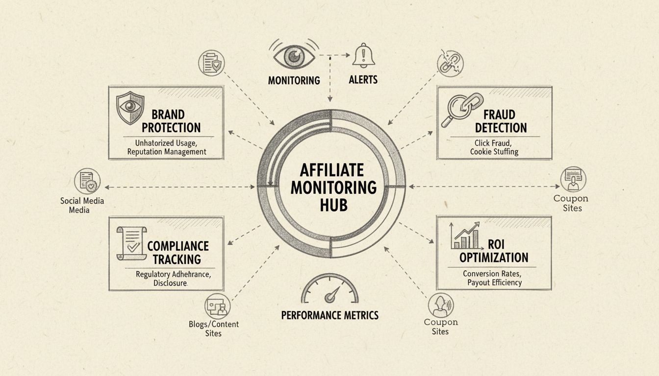 Tableau de bord de surveillance des affiliés affichant protection de la marque, détection de la fraude, suivi de conformité et optimisation du ROI