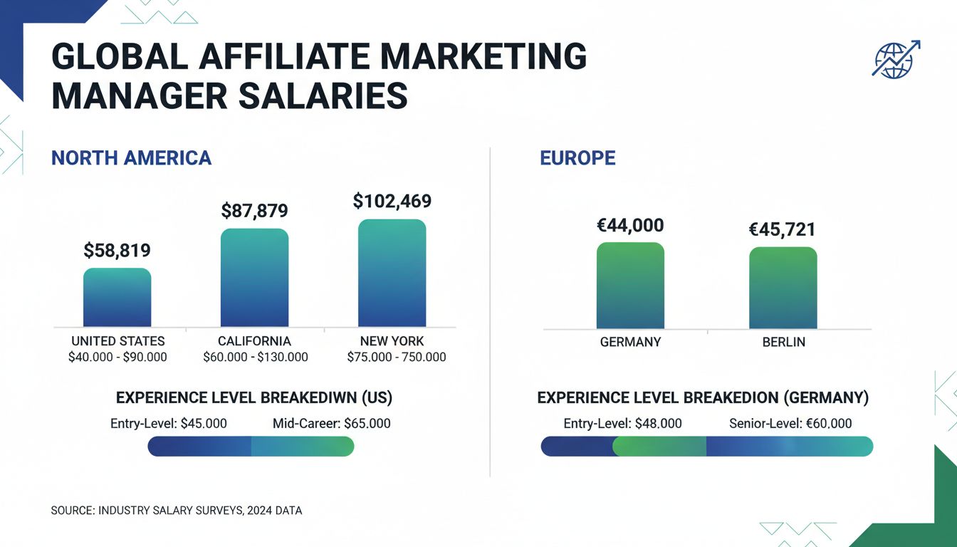 Comparatif des salaires des responsables marketing d’affiliation montrant les moyennes aux États-Unis, en Californie, en Allemagne et à Berlin avec visualisation de données