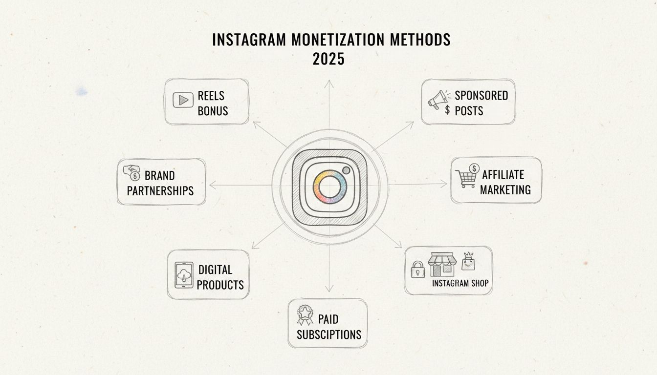 Diagramme des méthodes de monétisation Instagram montrant 8 sources de revenus différentes reliées au logo central Instagram