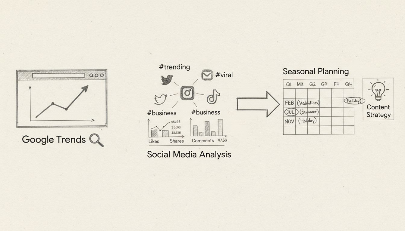 Diagramme du flux de recherche de sujets tendance montrant l’interface de Google Trends, l’analyse des hashtags sur les réseaux sociaux et la planification de contenu saisonnier