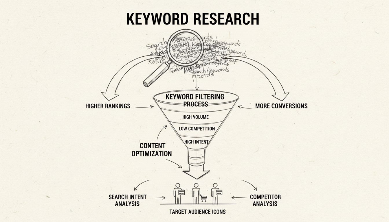 Diagramme du flux de recherche de mots-clés montrant le processus de la découverte du mot-clé à l’analyse de l’intention de recherche, l’analyse concurrentielle, l’optimisation de contenu et le suivi des conversions