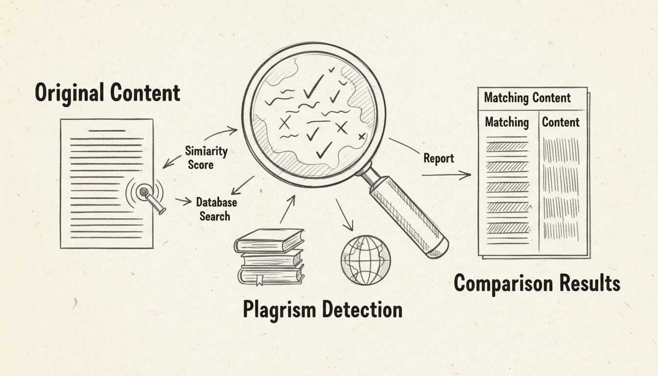 Diagramme dessiné à la main montrant le flux de travail de détection du plagiat avec numérisation de documents, analyse comparative et surlignage des résultats