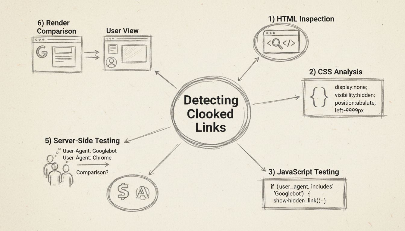 Diagramme montrant six méthodes pour détecter des liens masqués : inspection HTML, analyse CSS, test JavaScript, outils SEO, test côté serveur et comparaison de rendu