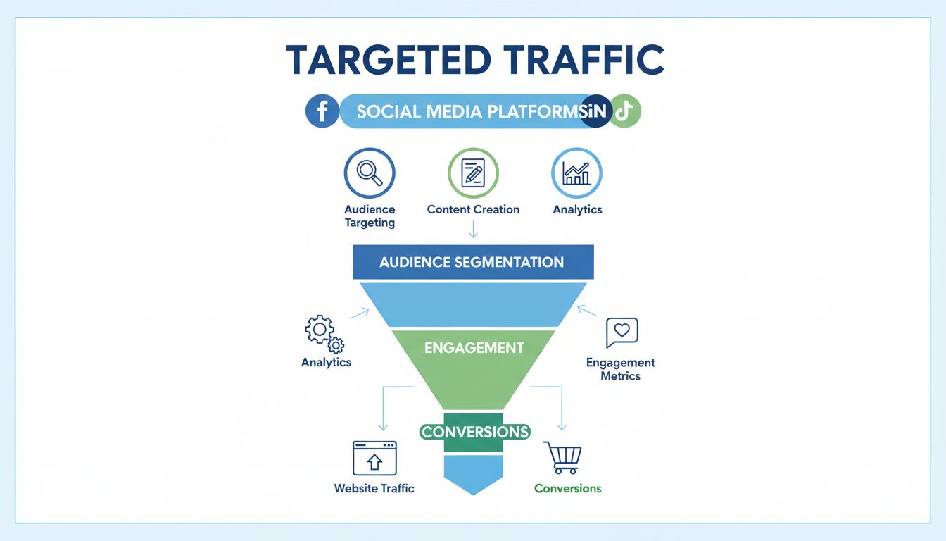 Entonnoir de stratégie marketing social illustrant le flux de trafic ciblé des plateformes vers les segments d’audience puis vers les conversions