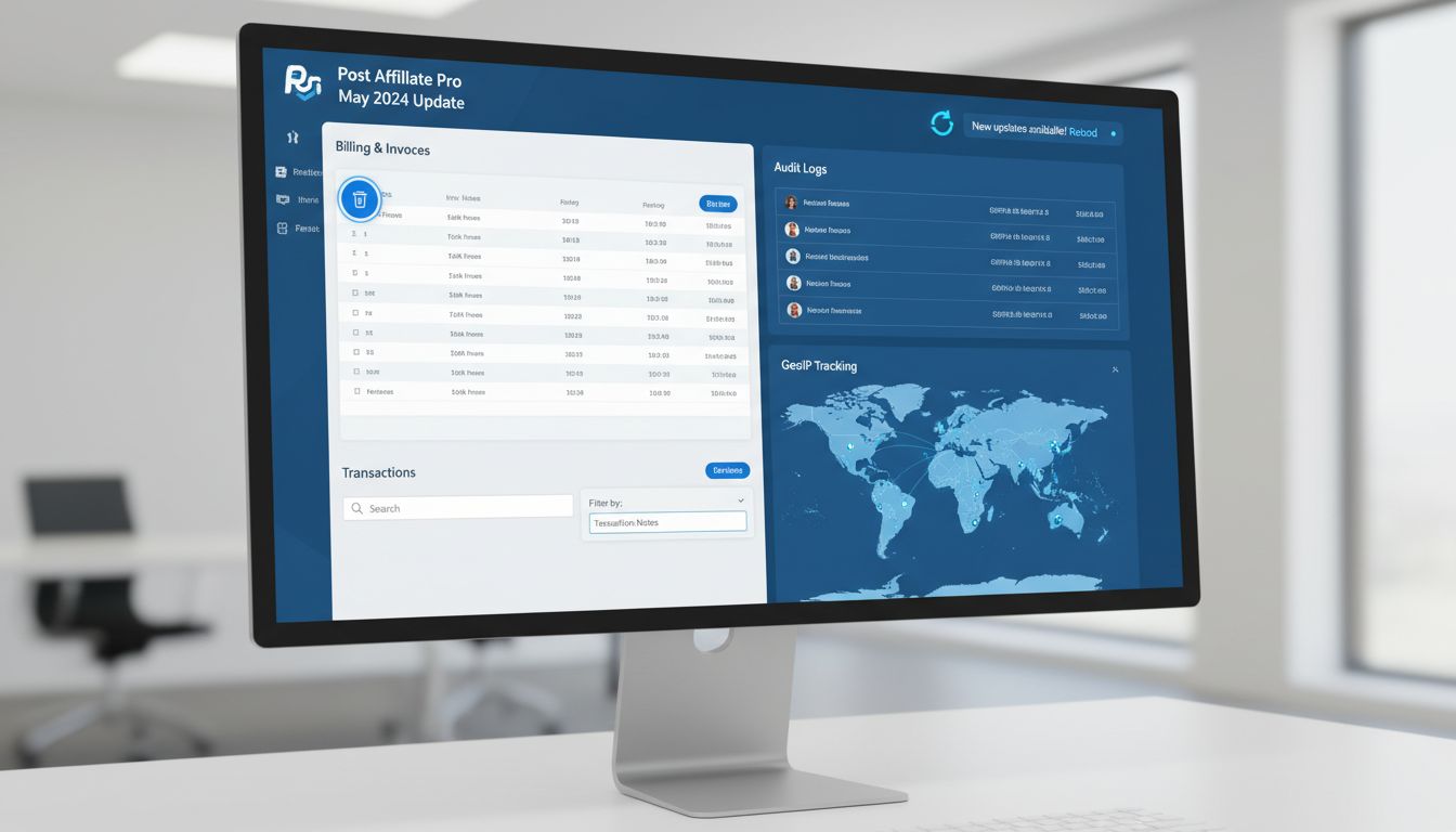 Tableau de bord Post Affiliate Pro montrant la notification de rechargement, les logs d’audit, le suivi GeoIP et les fonctions de filtrage des transactions