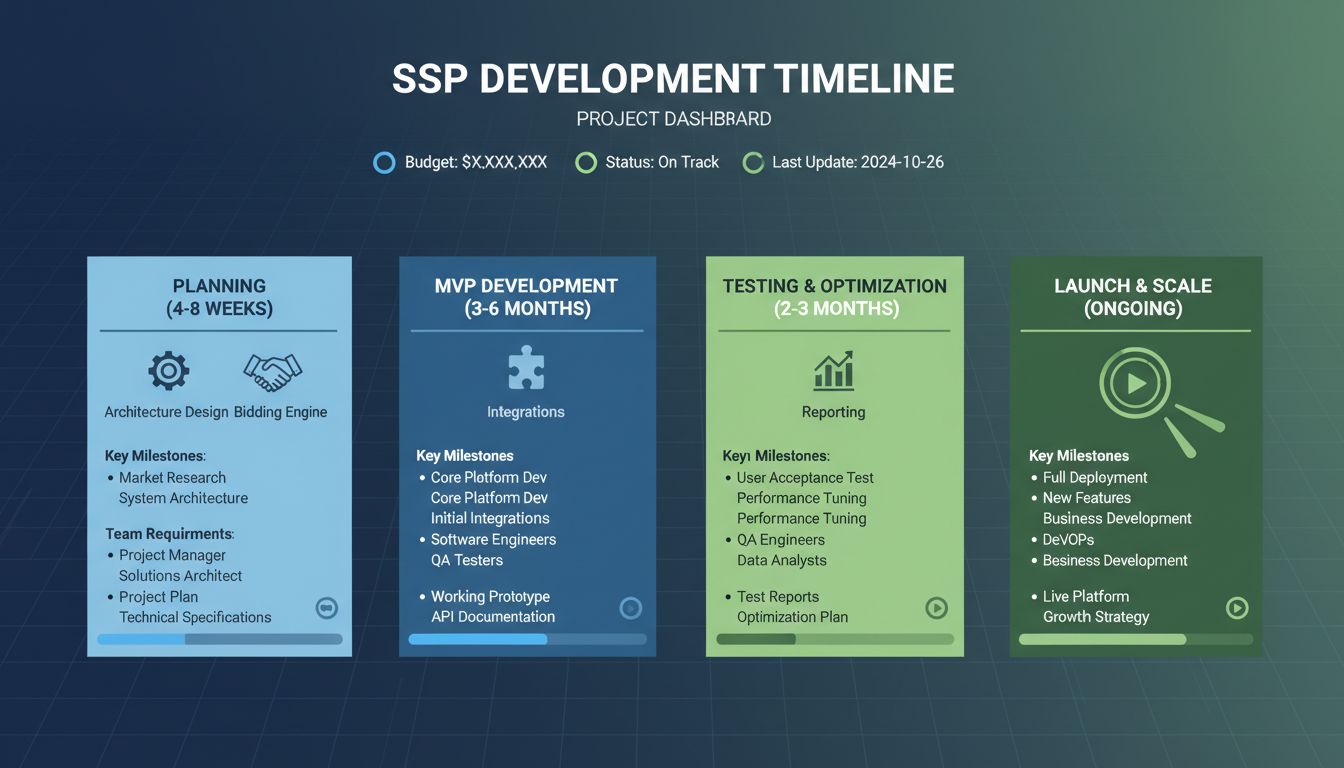Calendrier de développement SSP montrant les phases de planification, développement MVP, tests et lancement