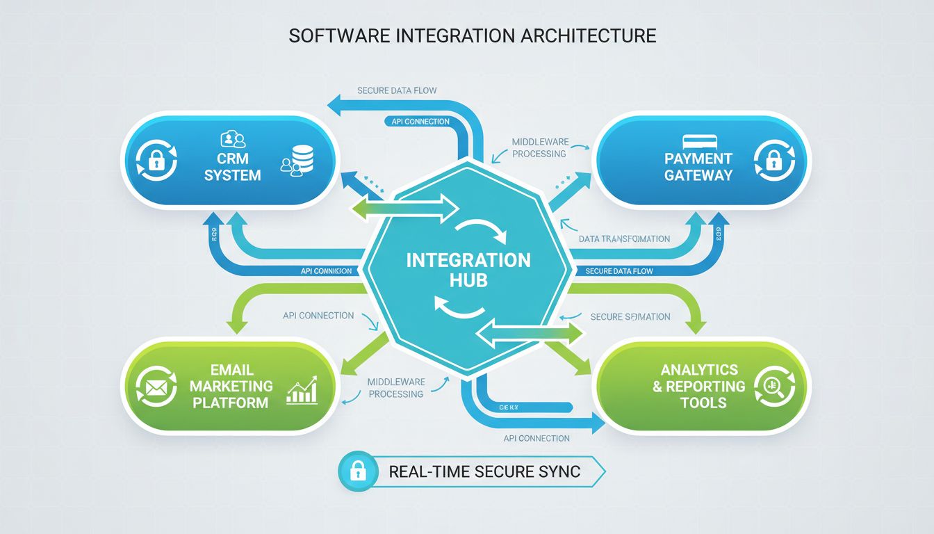 Diagramme d'architecture d'intégration logicielle montrant CRM, Email Marketing, Passerelle de Paiement et outils d'Analytique connectés via un hub central d'intégration avec APIs et synchronisation en temps réel