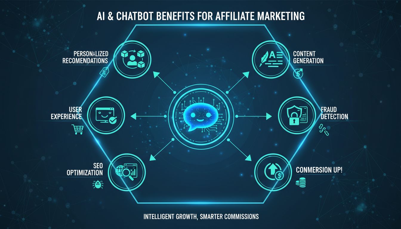 Infographie des bénéfices de l'IA et des chatbots pour le marketing d'affiliation montrant la génération de contenu, les recommandations personnalisées, l'expérience utilisateur, l'optimisation SEO, l'analyse, la détection de la fraude et la hausse des conversions