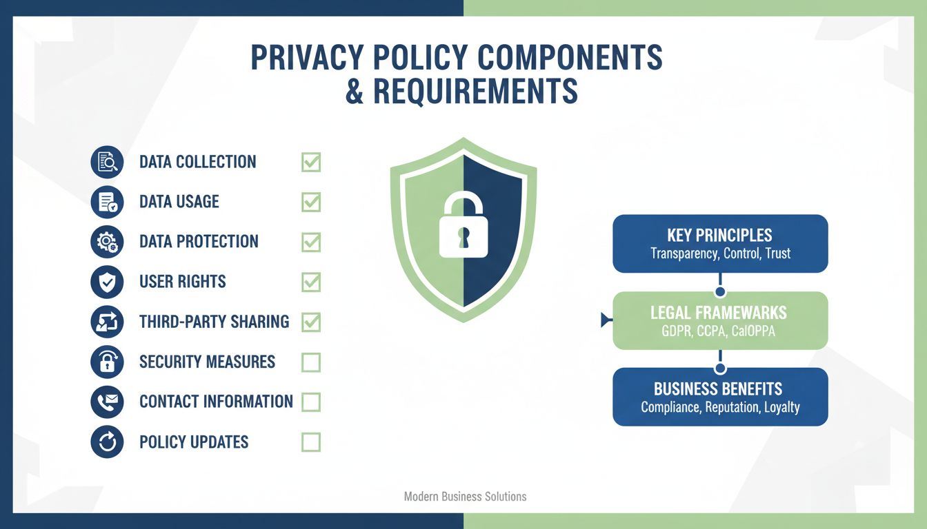 Infographie des composants d'une politique de confidentialité montrant la collecte, l'utilisation, la protection des données, les droits des utilisateurs, le partage avec des tiers, les mesures de sécurité, les informations de contact et la mise à jour de la politique