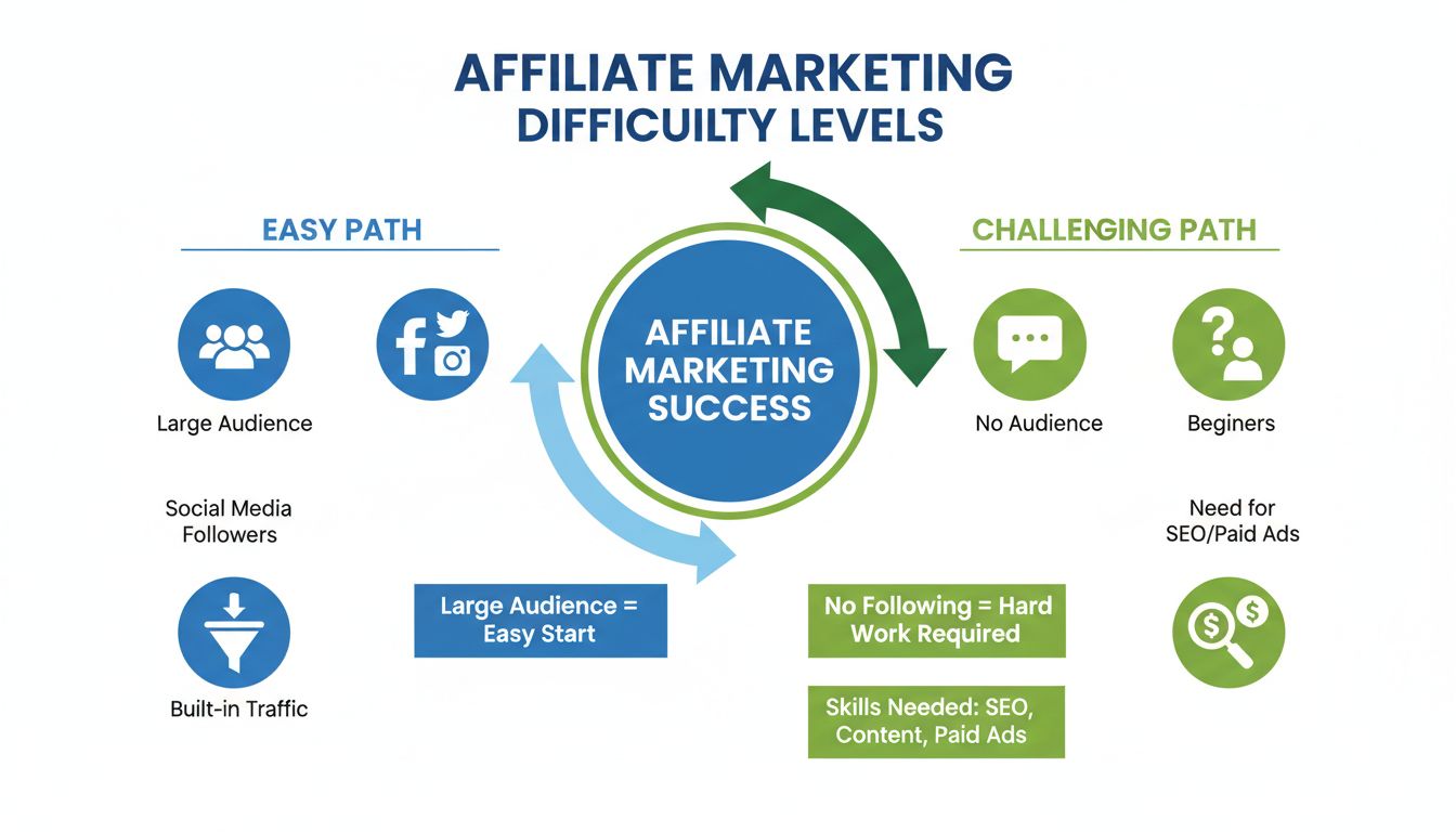 Comparaison des niveaux de difficulté du marketing d'affiliation - Chemin facile vs Chemin difficile