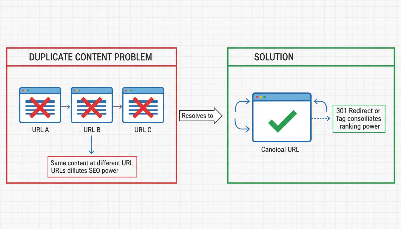 Problème de contenu dupliqué versus schéma de solution montrant plusieurs URLs avec des croix rouges à gauche et une seule URL canonique avec coche verte à droite