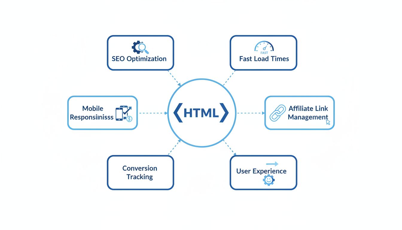 Bénéfices du HTML pour les affiliés – Schéma technique illustrant le SEO, la responsivité mobile, le suivi des conversions, la rapidité de chargement, la gestion des liens d’affiliation et l’expérience utilisateur