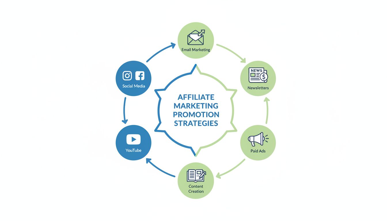 Canaux de promotion du marketing d'affiliation, incluant réseaux sociaux, email marketing, création de contenu, YouTube, publicités payantes et newsletters