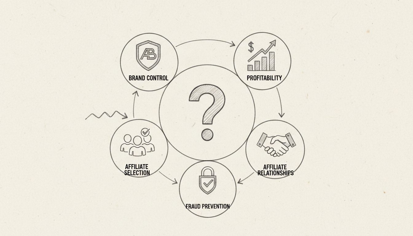 Infographie présentant les cinq principaux défis des programmes d'affiliation : Contrôle de la marque, sélection des affiliés, rentabilité, relations avec les affiliés et prévention de la fraude