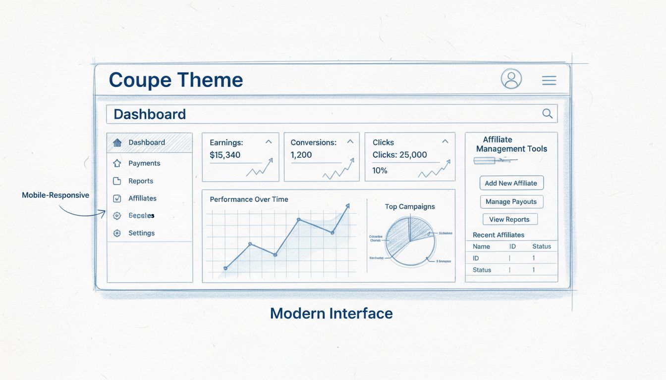 Interface du tableau de bord du thème moderne Coupe avec design mobile et éléments UI contemporains