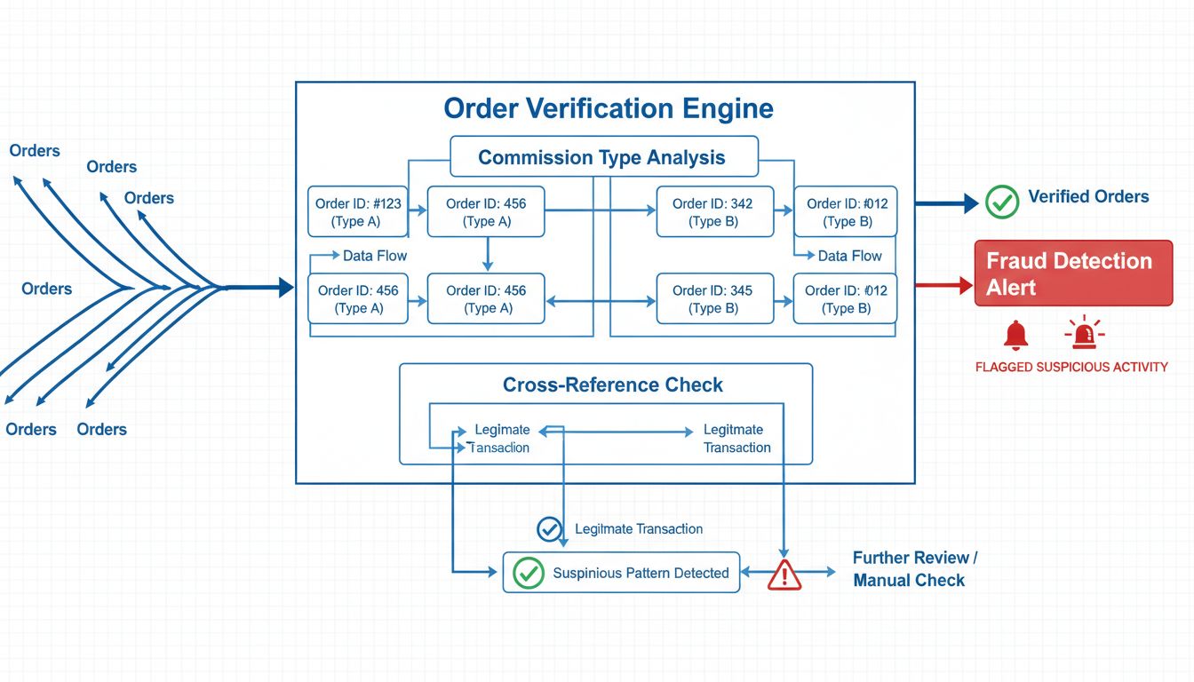 Schéma du système de vérification croisée pour la protection contre la fraude montrant le moteur de vérification des commandes avec analyse des types de commission et alertes de détection de fraude
