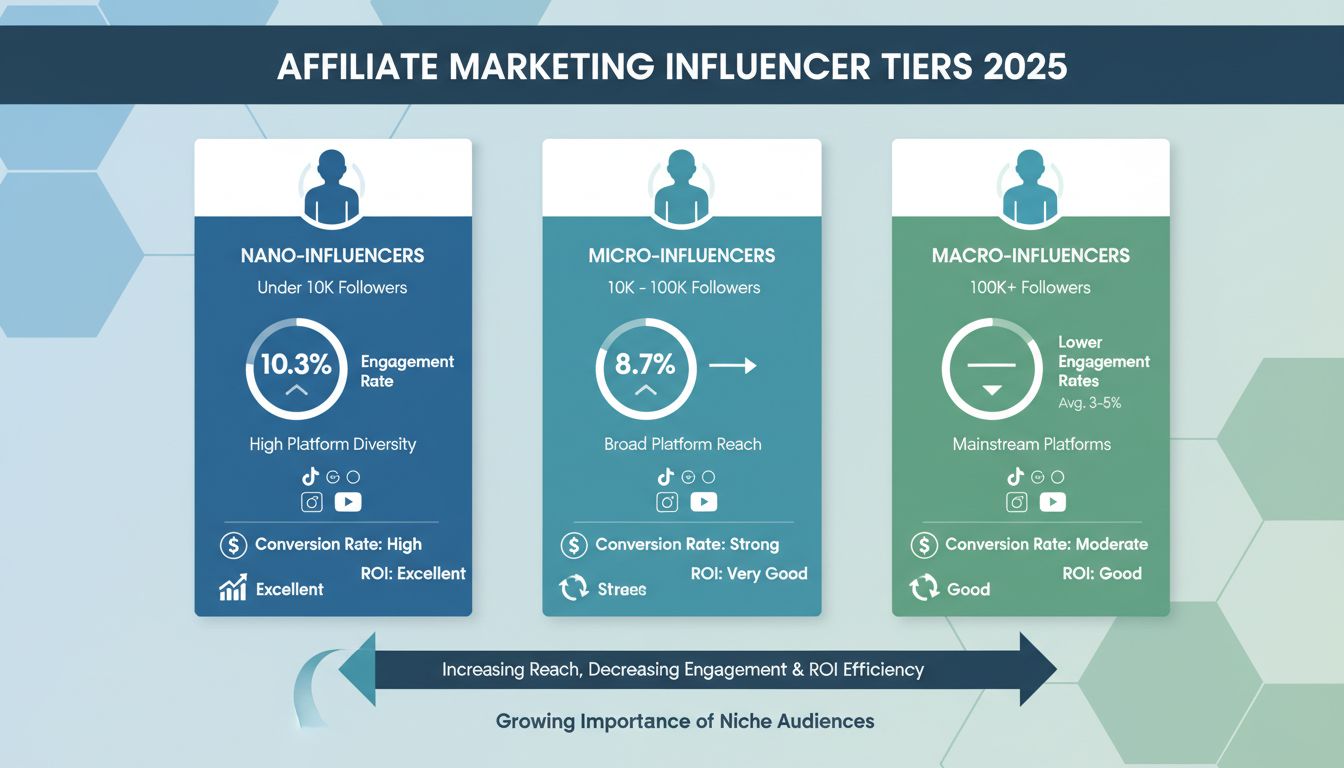 Infographie comparant les taux d'engagement et les indicateurs de ROI entre nano, micro et macro-influenceurs pour le marketing d'affiliation