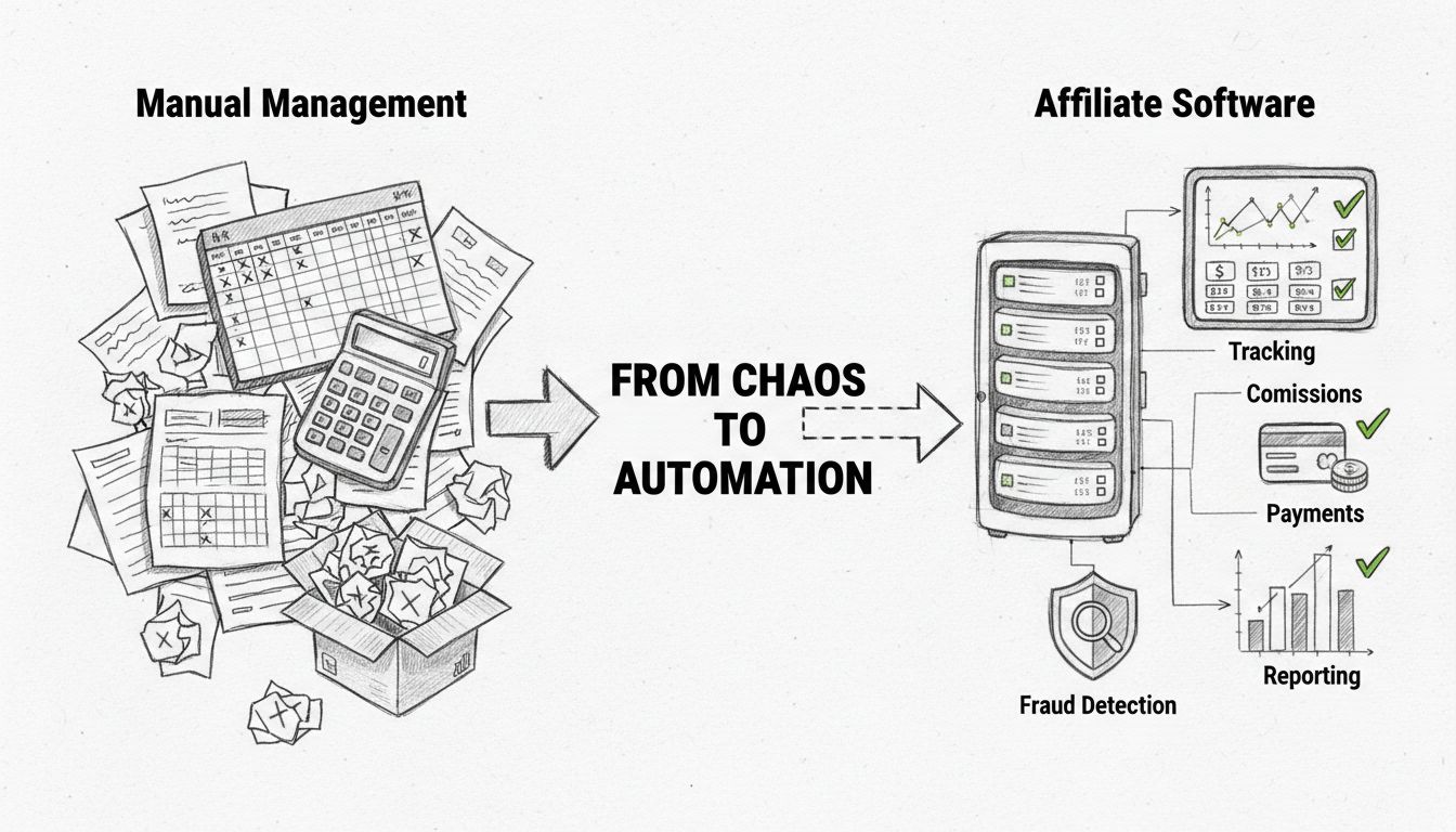 Schéma comparatif montrant la gestion manuelle d’un programme d’affiliation avec tableurs et erreurs versus un logiciel automatisé avec suivi, commissions, détection de fraude et paiements