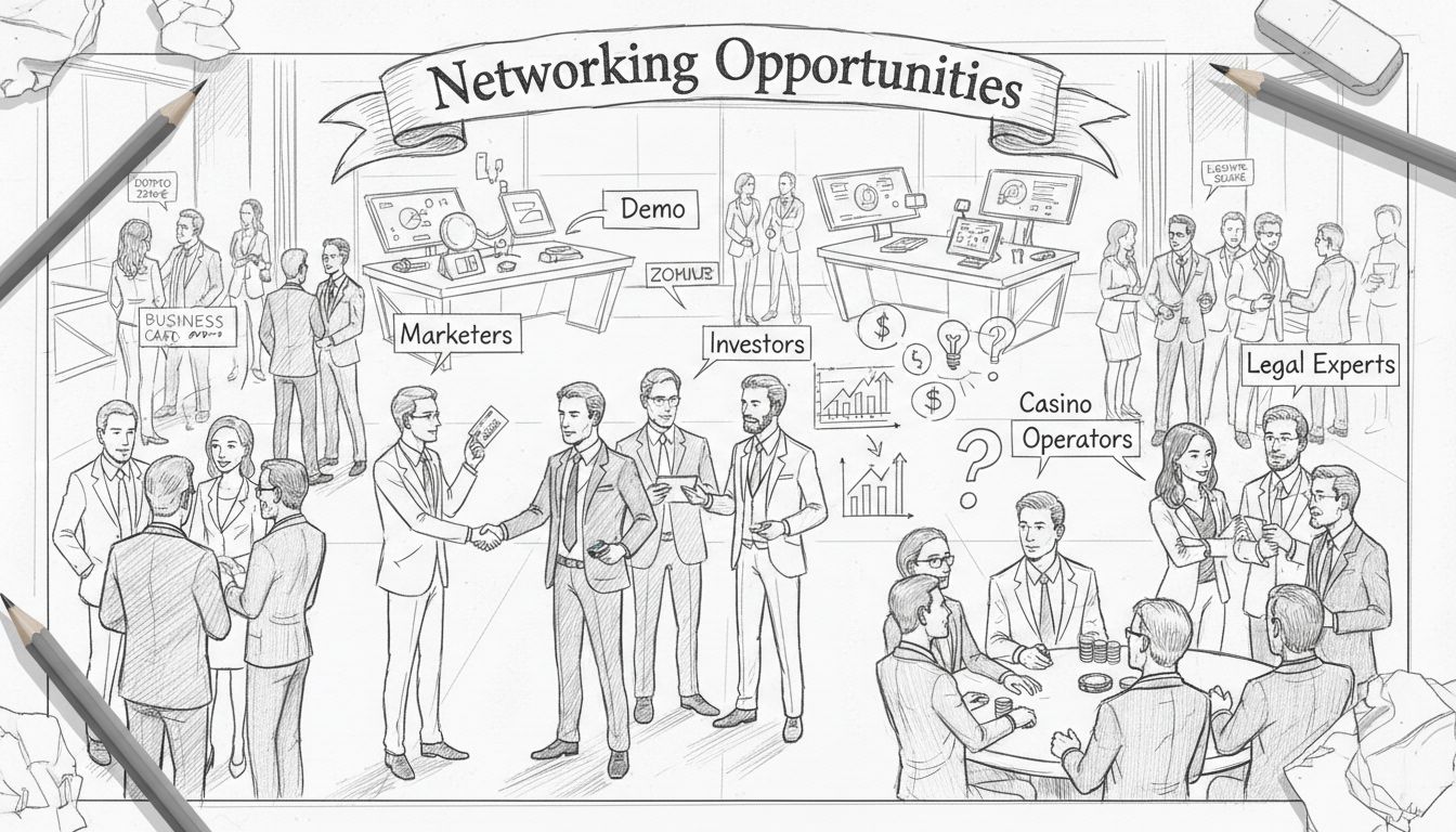 Événement de réseautage professionnel dans la zone de démonstration avec marketeurs, opérateurs de casino, investisseurs et experts juridiques échangeant des cartes de visite et discutant d’opportunités